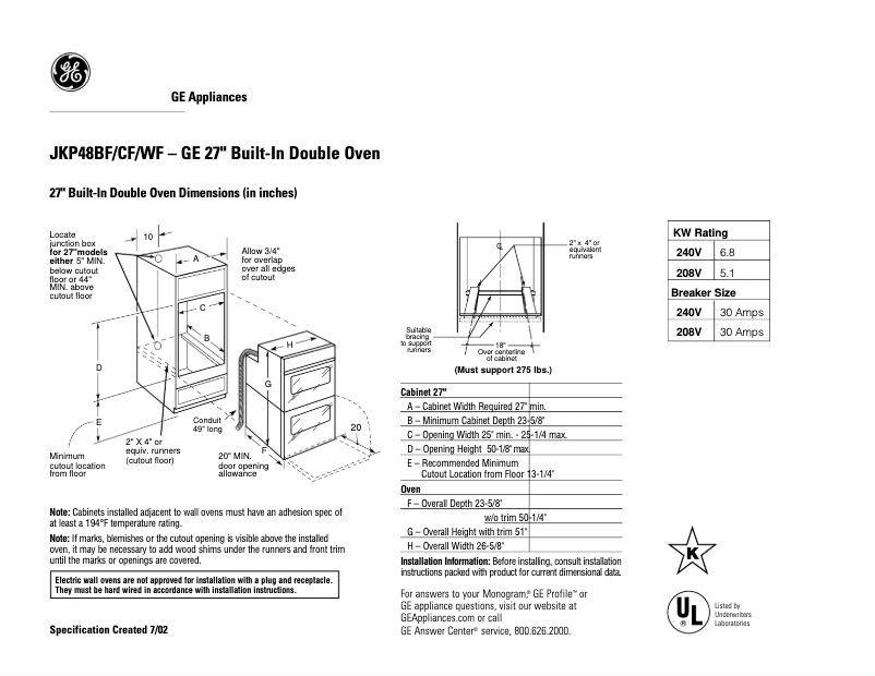 Page 1 de la notice Fiche technique GE JKP48BFBB