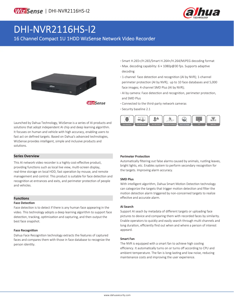 Page 1 de la notice Fiche technique Dahua Technology NVR2116HS-I2