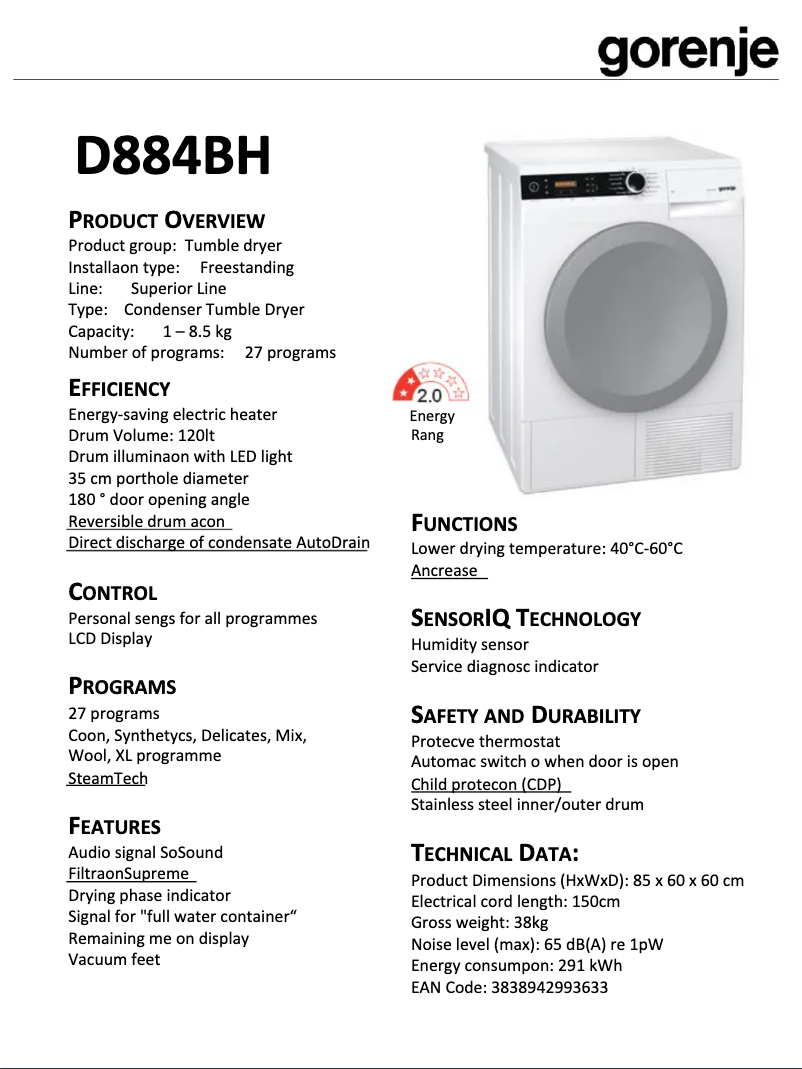 Page 1 de la notice Fiche technique Gorenje D884BH