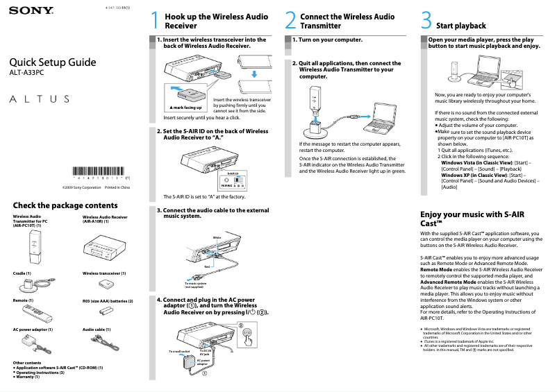Page 1 de la notice Guide d'installation Sony Altus ALT-A33PC