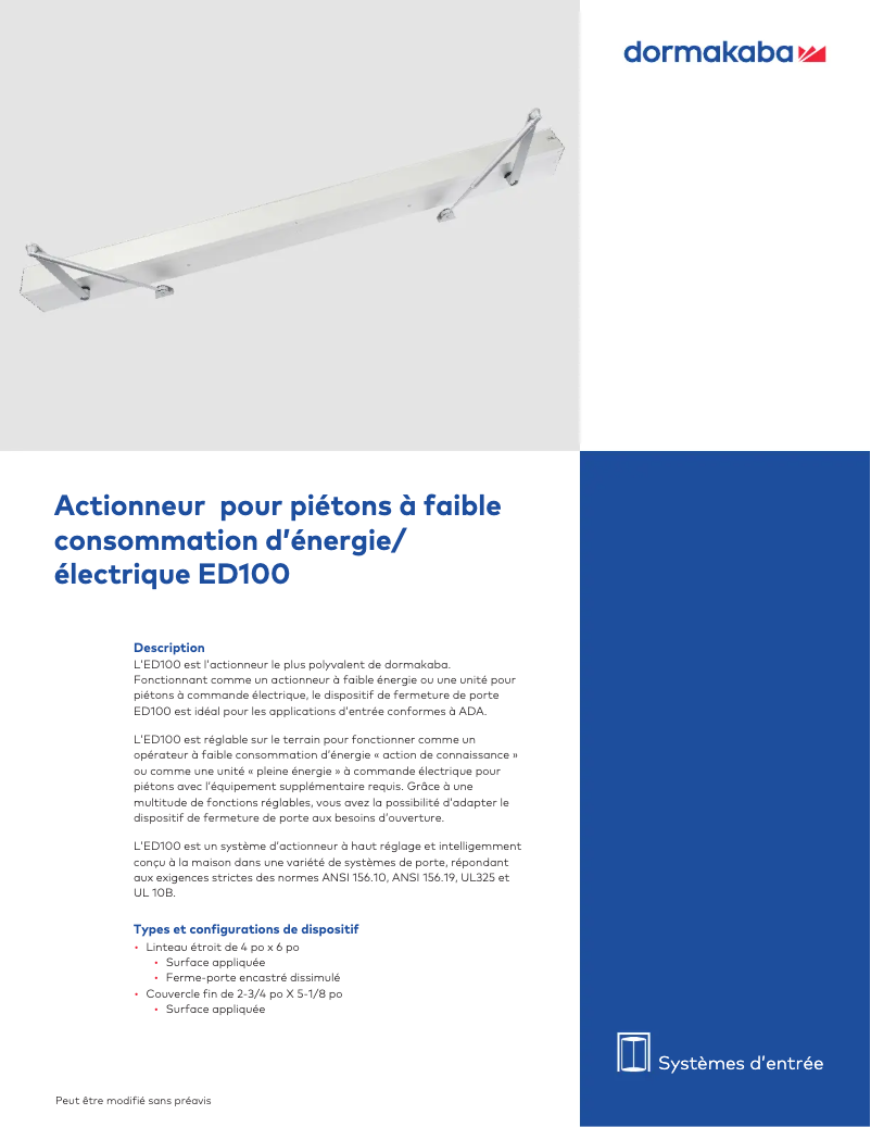 Page 1 de la notice Fiche technique Dormakaba ED100