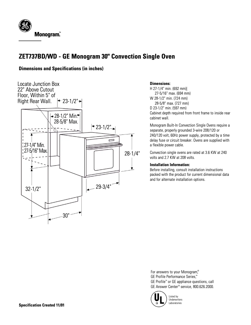 Page n°1 - Fiche technique GE ZET737WDWW