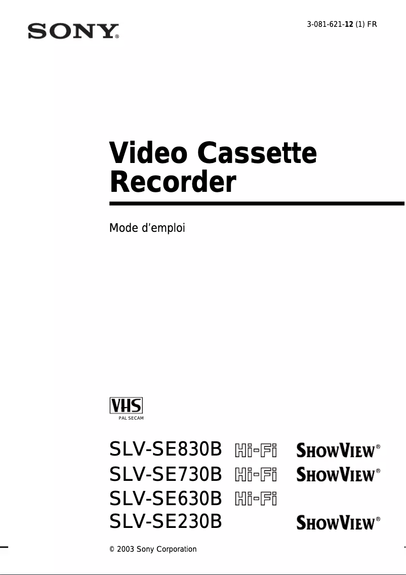 Page 1 de la notice Manuel utilisateur Sony SLV-E230