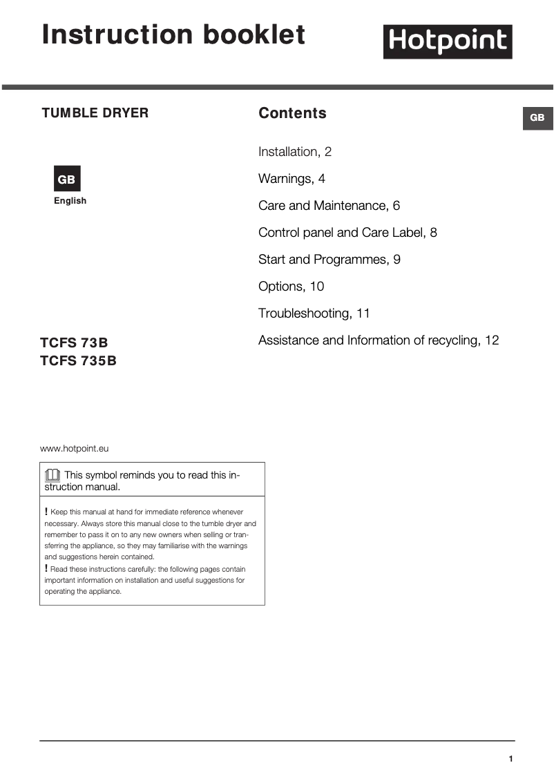 Page n°1 - Manuel utilisateur Hotpoint TCFS 73B GP.9 (UK)