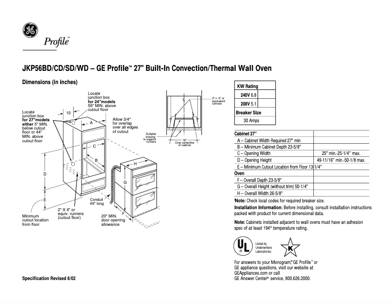 Page n°1 - Fiche technique GE Profile JKP56CDCC