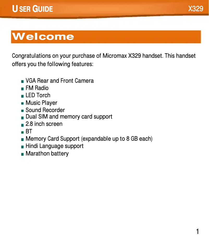 Page 1 de la notice Manuel utilisateur Micromax X329