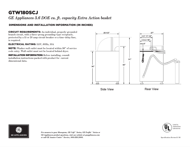 Page 1 de la notice Fiche technique GE GTW180SCJWW