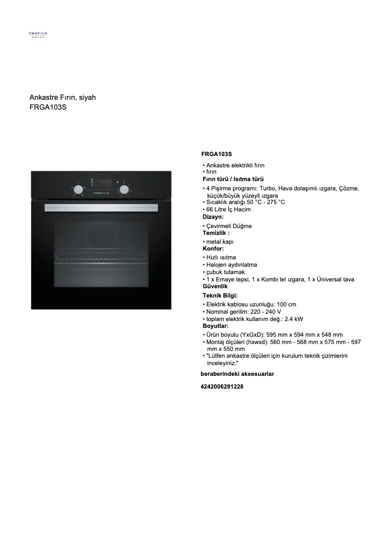 Page 1 de la notice Fiche technique Profilo FRGA103S