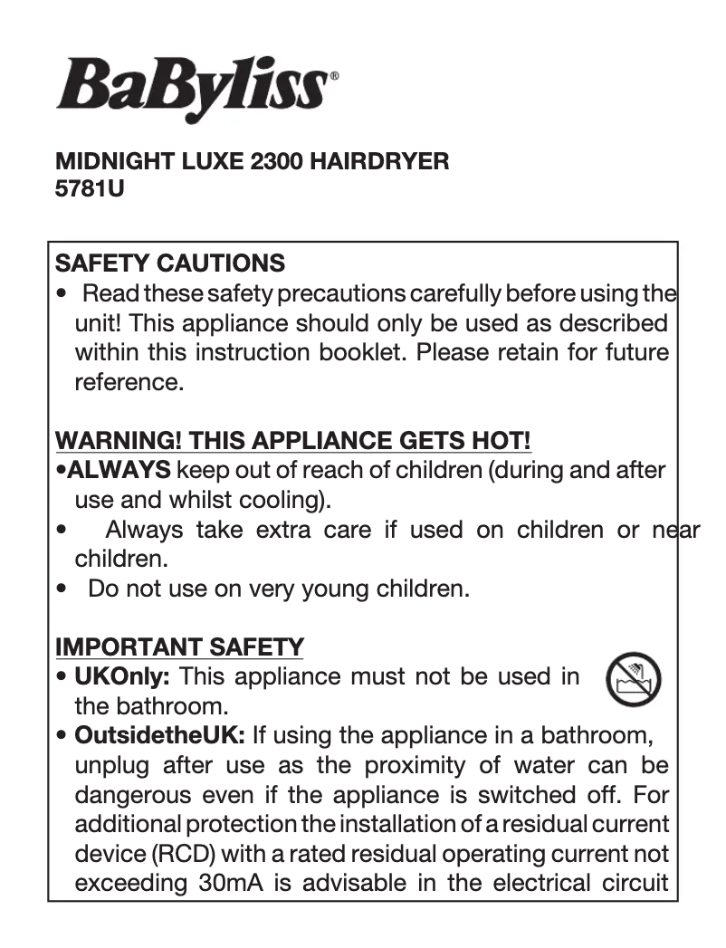 Page n°1 - Manuel utilisateur BaByliss Midnight Luxe 2300 5781U