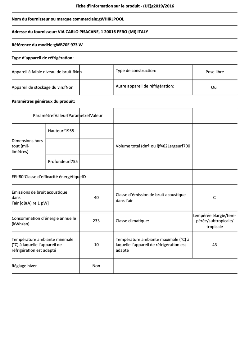 Page n°1 - Fiche technique Whirlpool WB70E 973 W