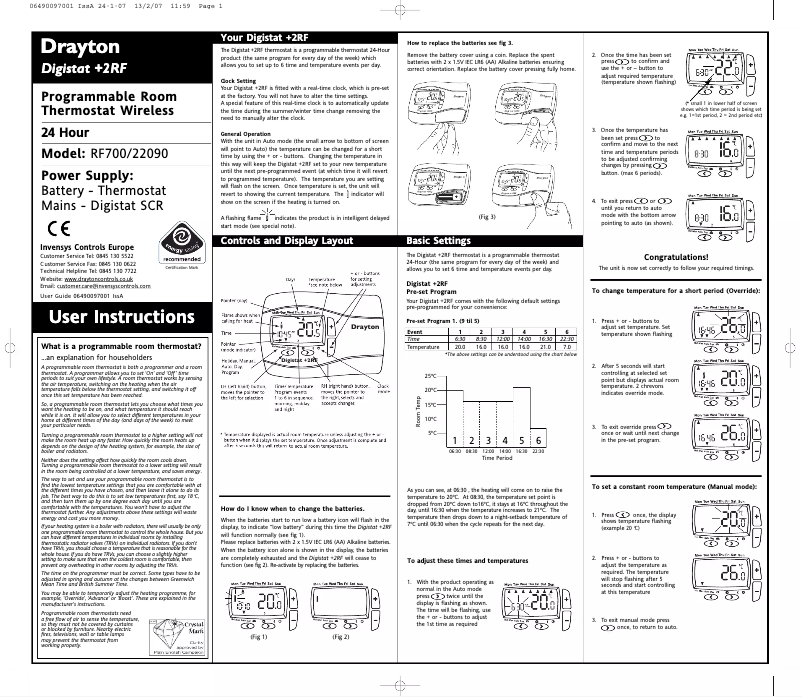 Page 1 de la notice Manuel utilisateur Drayton Digistat +RF2