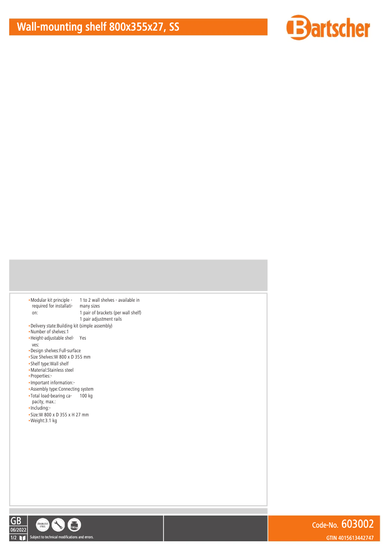 Page n°1 - Fiche technique Bartscher 603002