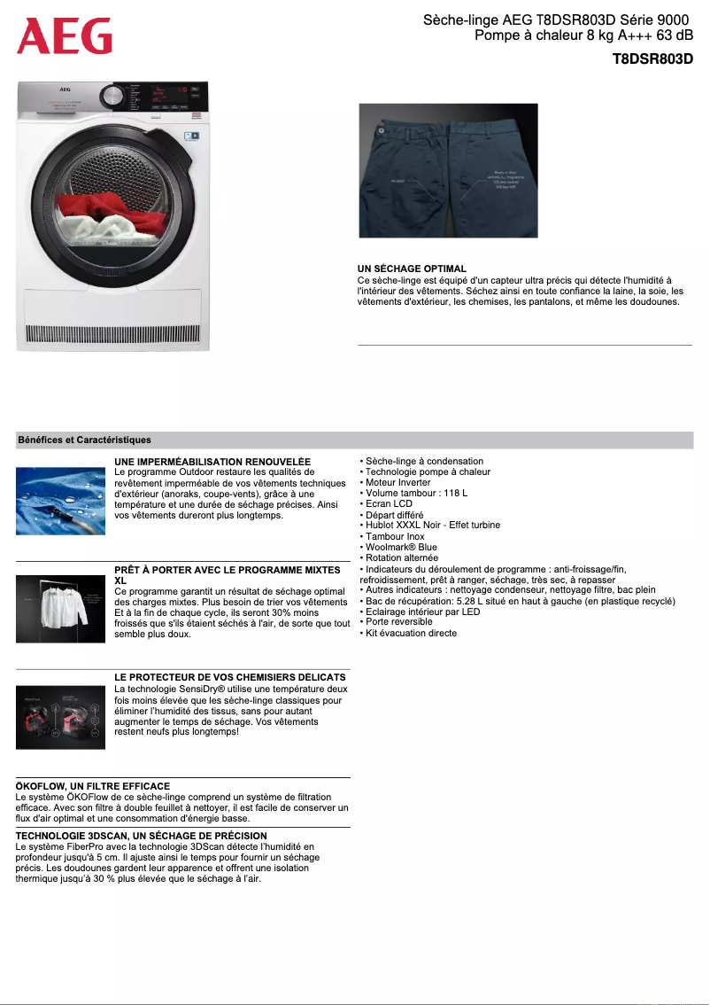 Página 1 del manual Ficha técnica AEG T8DSR803D