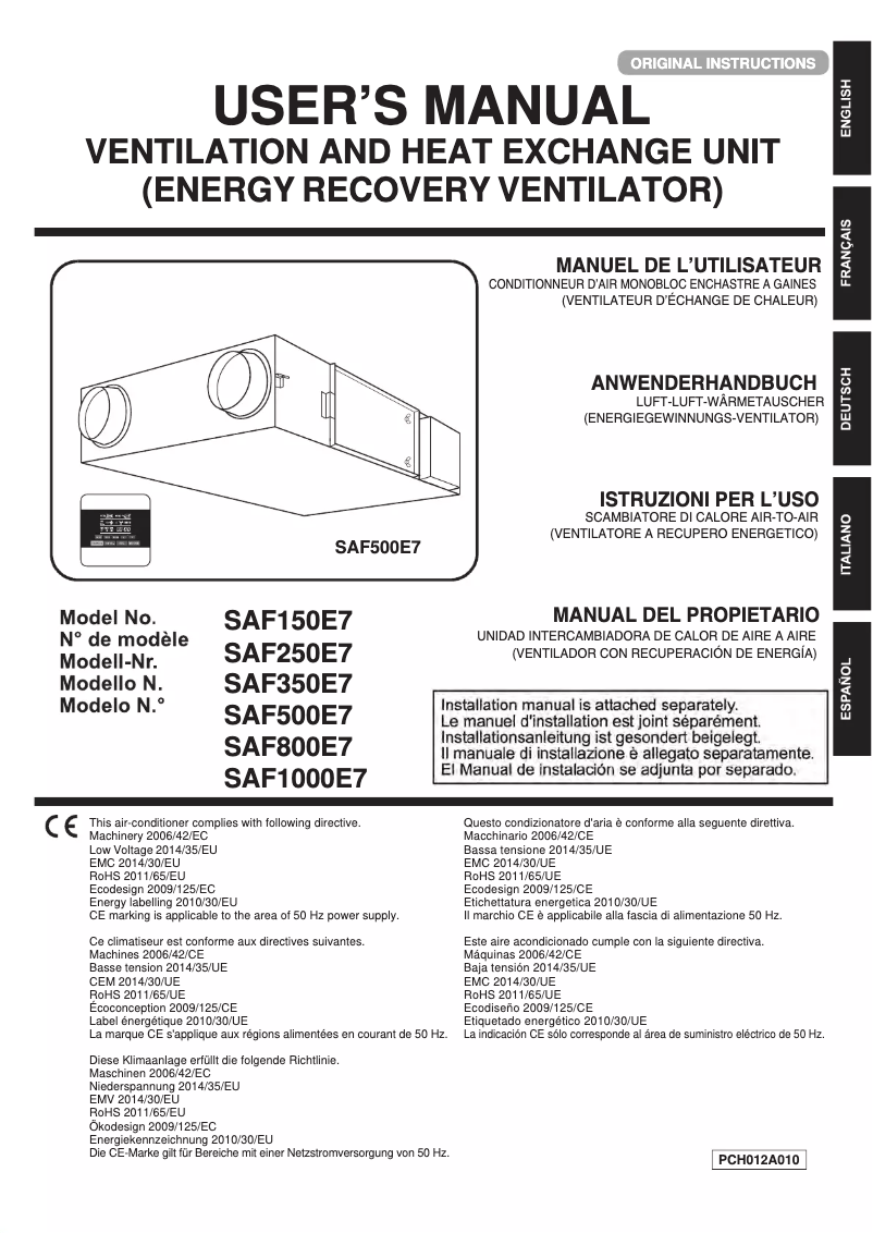 Page 1 de la notice Manuel utilisateur Mitsubishi SAF150E7
