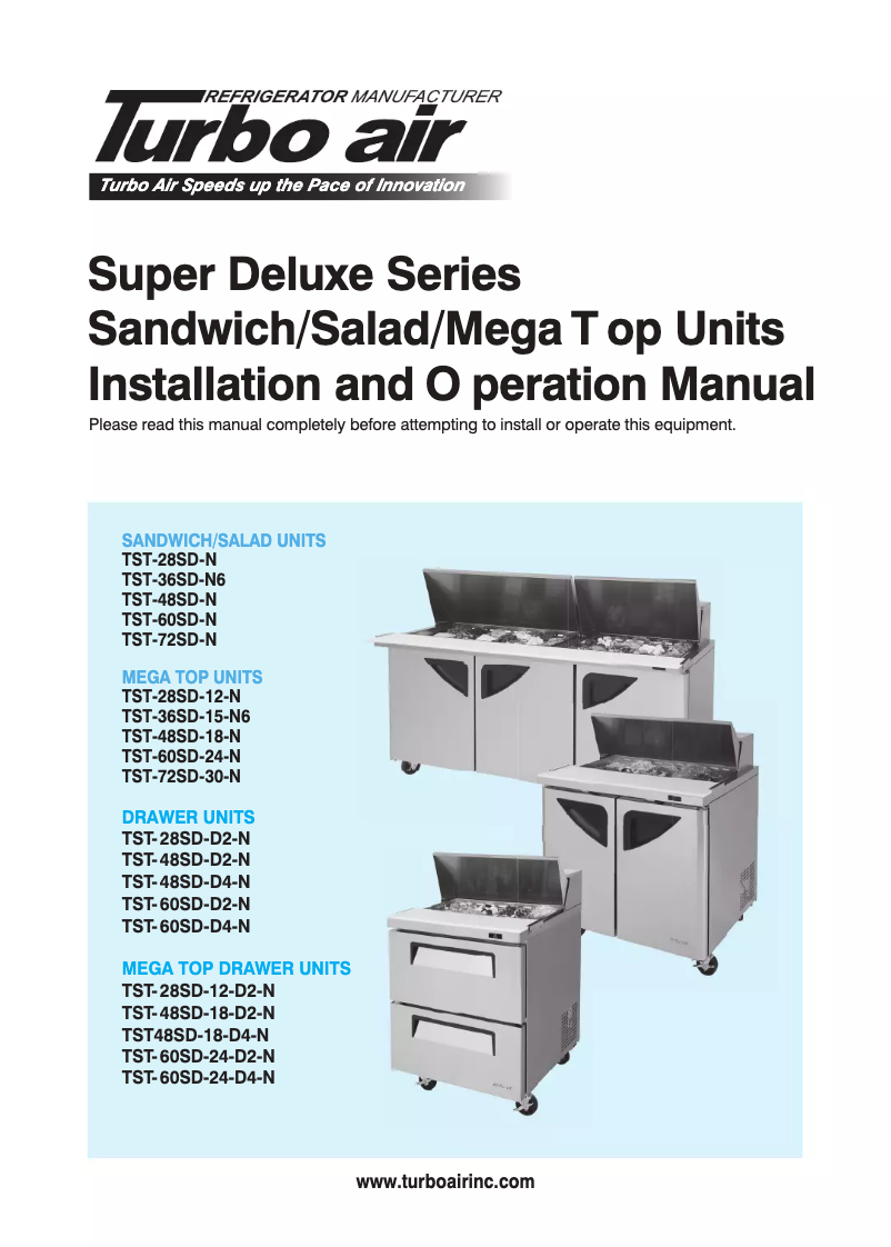 Page 1 de la notice Guide d'installation Turbo air TST-48SD-18