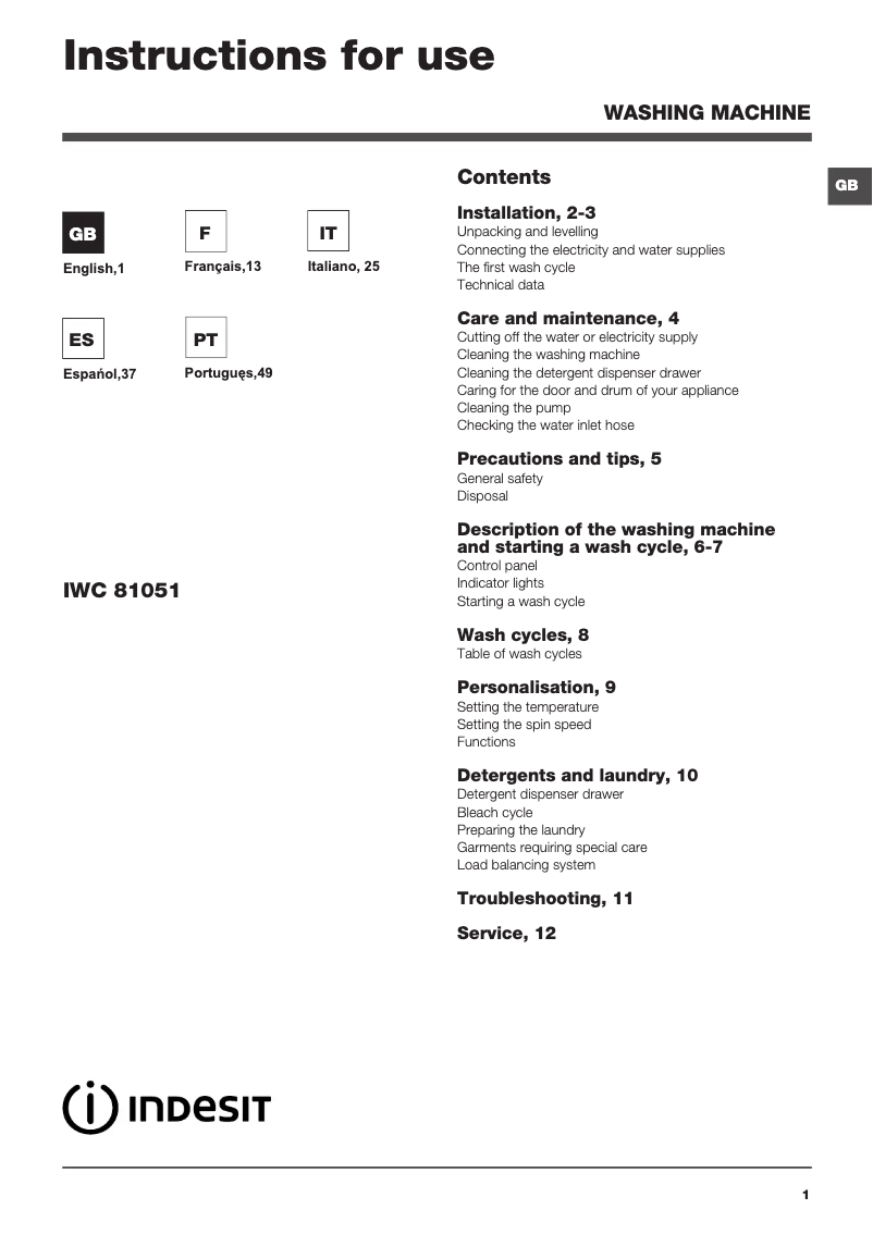 Página 1 del manual Manual de usuario Indesit IWC 81051 C ECO EU.M