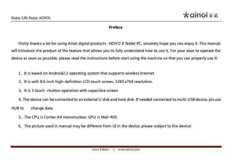 Página 1 del manual Manual de usuario Ainol Novo 8
