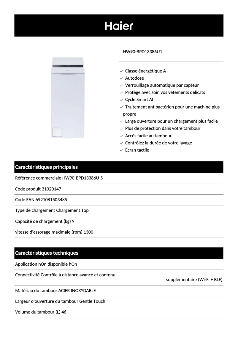 Page 1 de la notice Fiche technique Haier HW90-BPD13386U1
