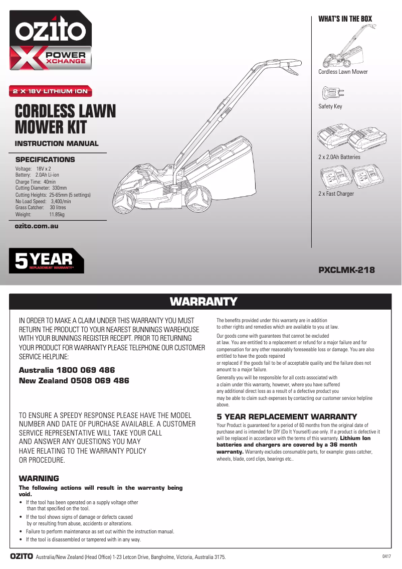 Page n°1 - Mode d'emploi Ozito PXCLMK-218