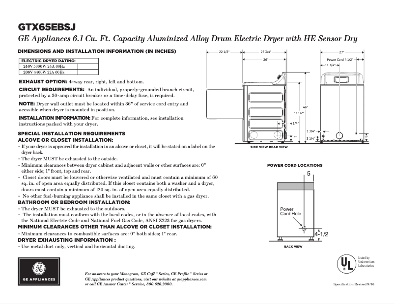 Page 1 de la notice Fiche technique GE GTX65EBSJWS
