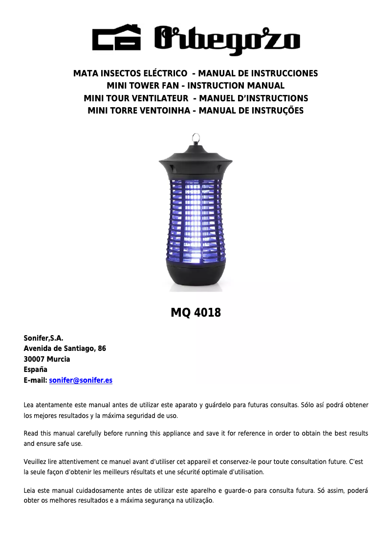 Page n°1 - Manuel utilisateur Orbegozo MQ 4018