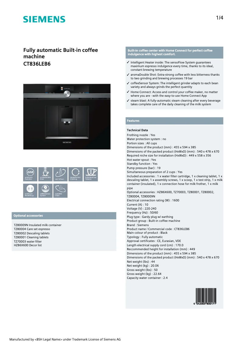 Page 1 de la notice Fiche technique Siemens CT836LEB6