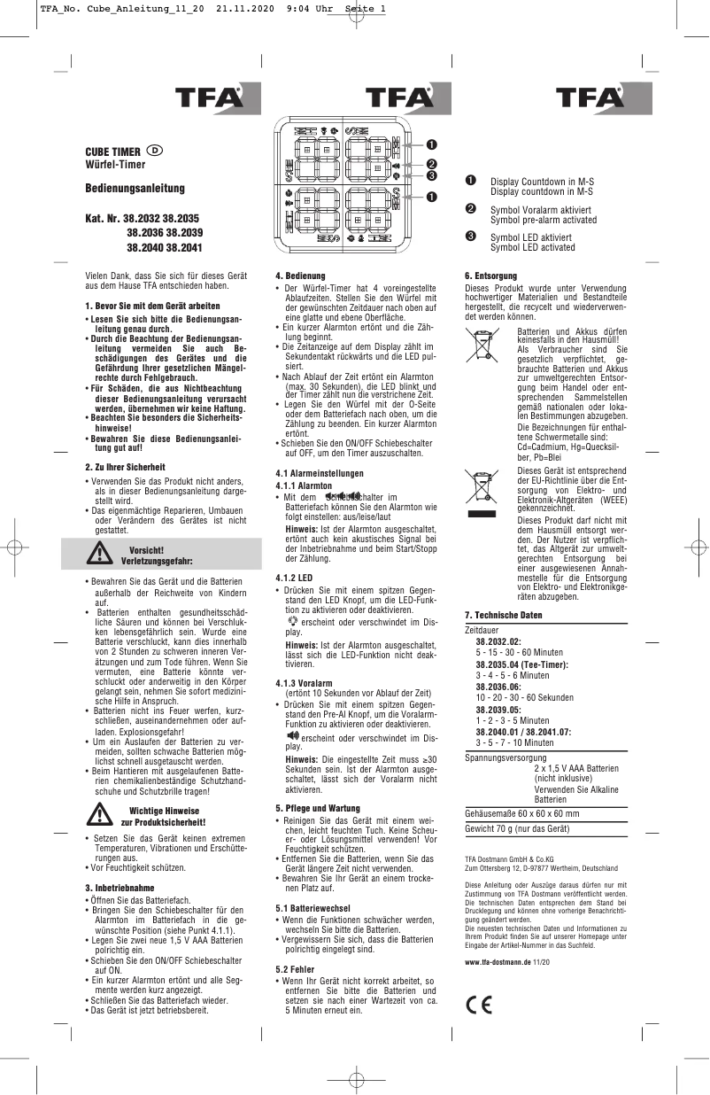 Image de la première page du manuel de l'appareil Cube Timer 38.2041.07