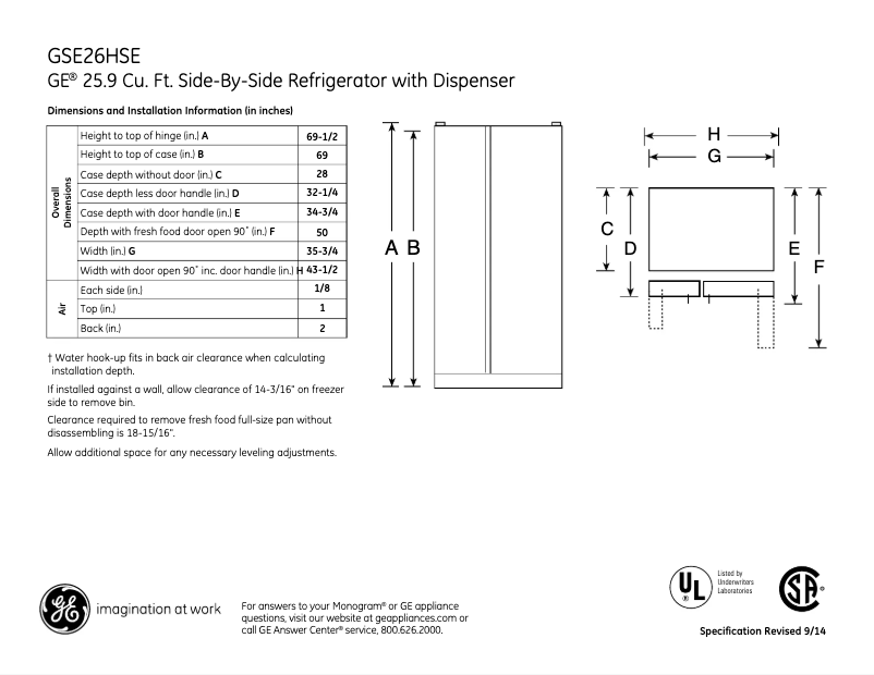 Page 1 of the manual Technical Sheet GE GSE26HSESS