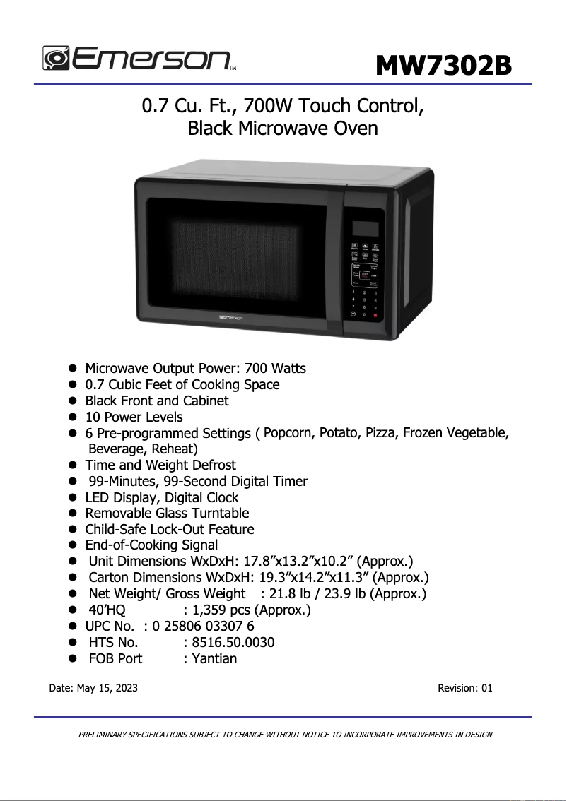 Page n°1 - Fiche technique Emerson MW7302B