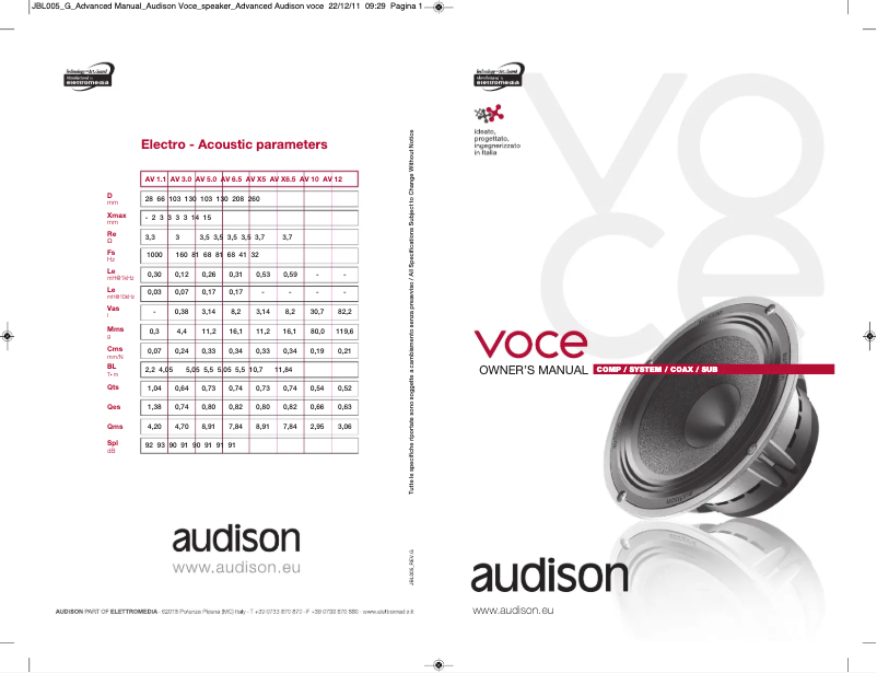 Page 1 de la notice Manuel utilisateur Audison VOCE AV X6.5