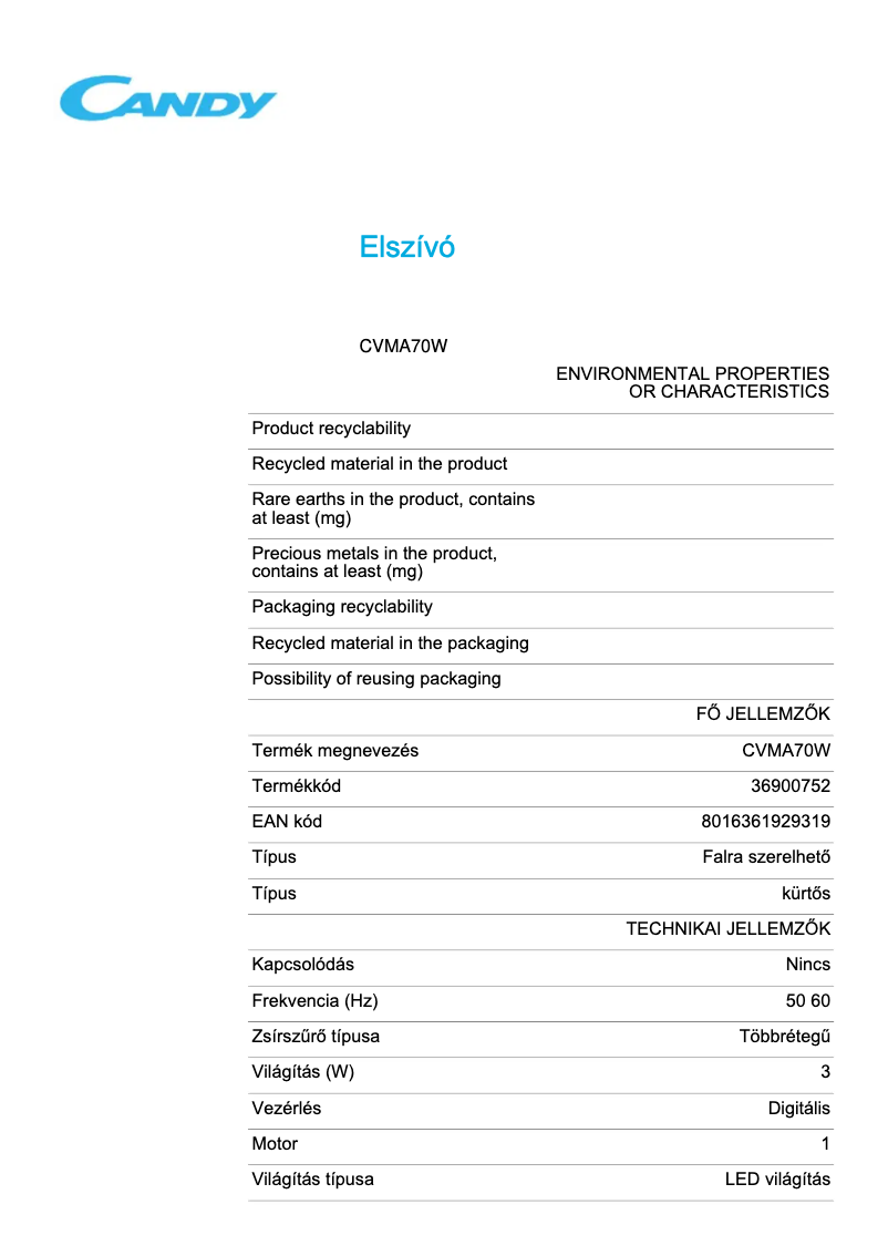 Page 1 de la notice Fiche technique Candy CVMA 70 W