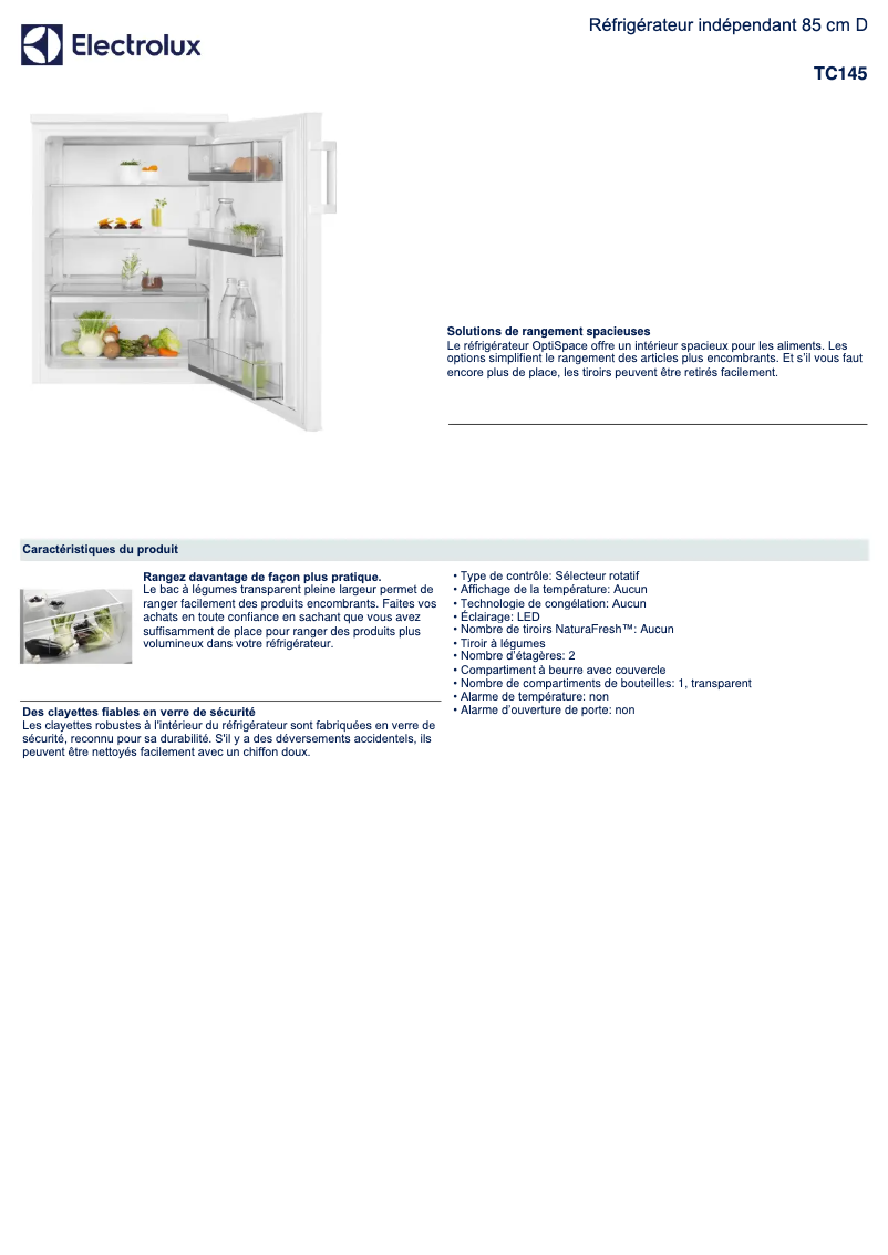 Page 1 de la notice Fiche technique Electrolux TC145