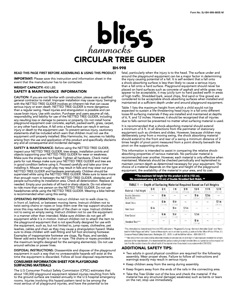 Page 1 de la notice Manuel utilisateur Bliss Outdoors BH-998