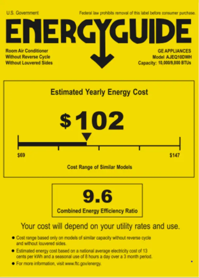 Page 1 de la notice Label énergétique GE AJEQ10DWH