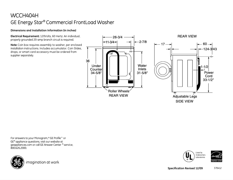 Page n°1 - Fiche technique GE WCCH404HWW