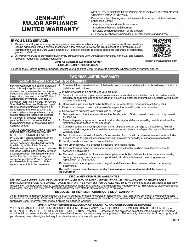 Page n°1 - Informations de garantie JennAir JES1750FB