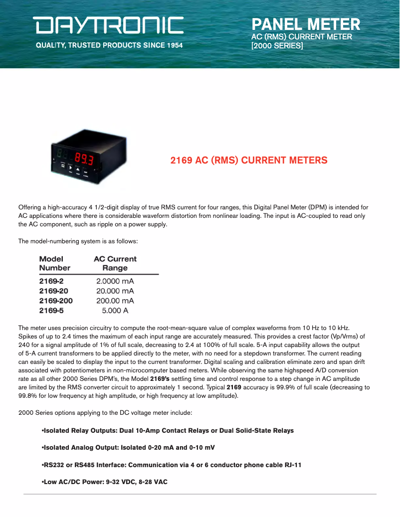 Page 1 de la notice Fiche technique Daytronic 2169-5