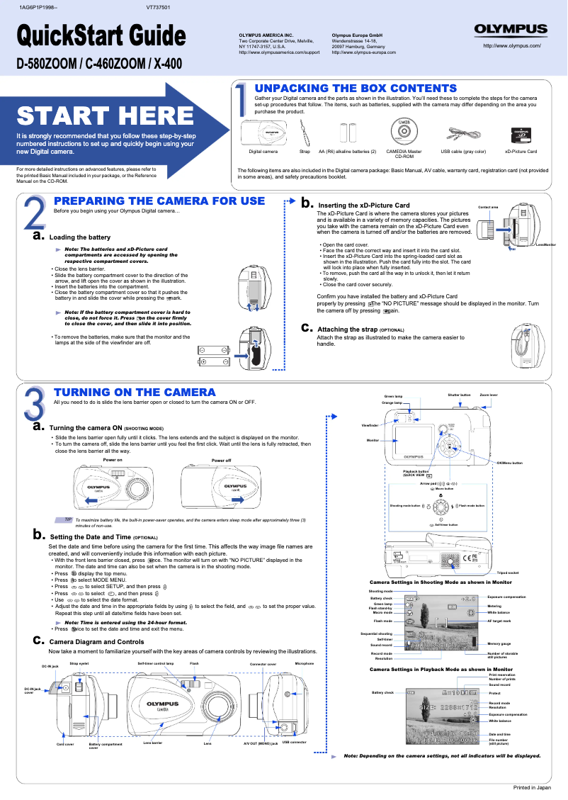 Page 1 de la notice Guide de démarrage rapide Olympus Camedia C-460 Zoom