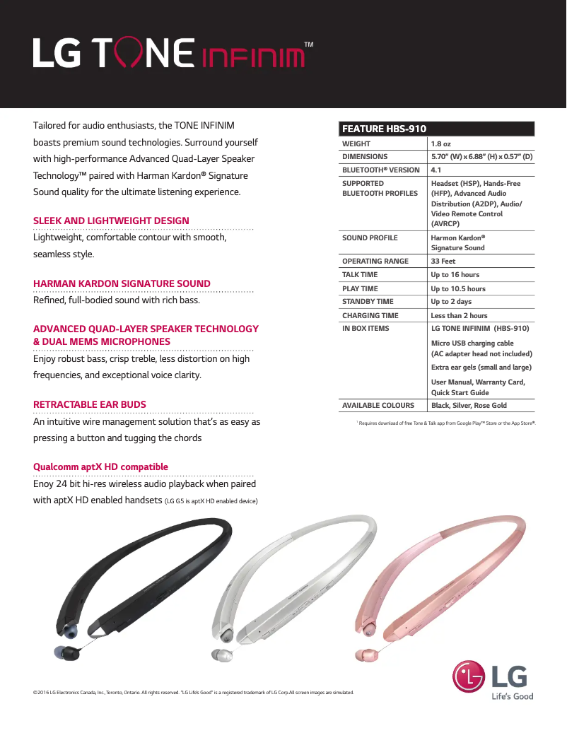Page 1 de la notice Fiche technique LG Tone Infinim HBS-910