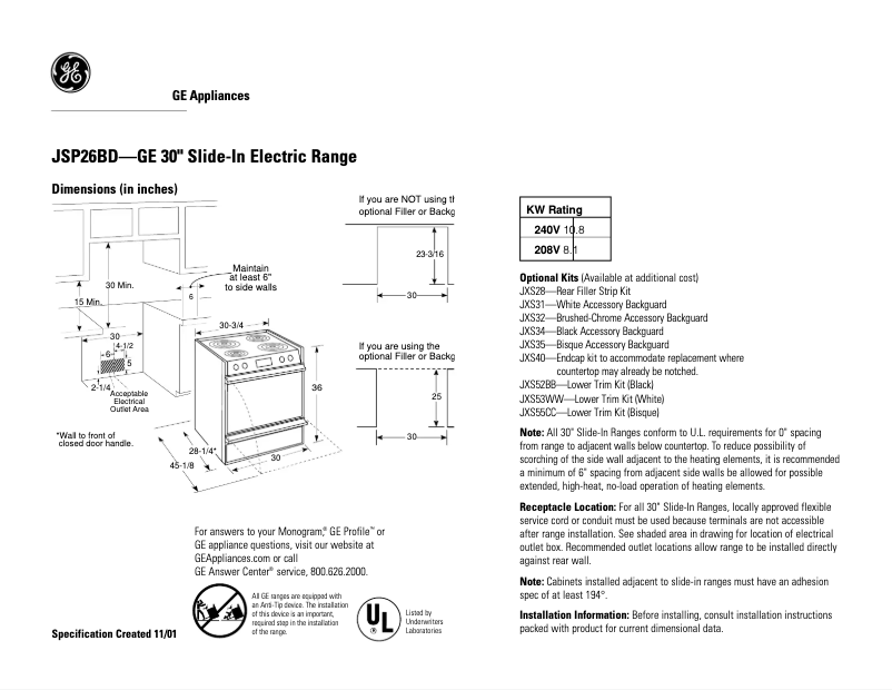Page 1 de la notice Fiche technique GE JSP26BDWH