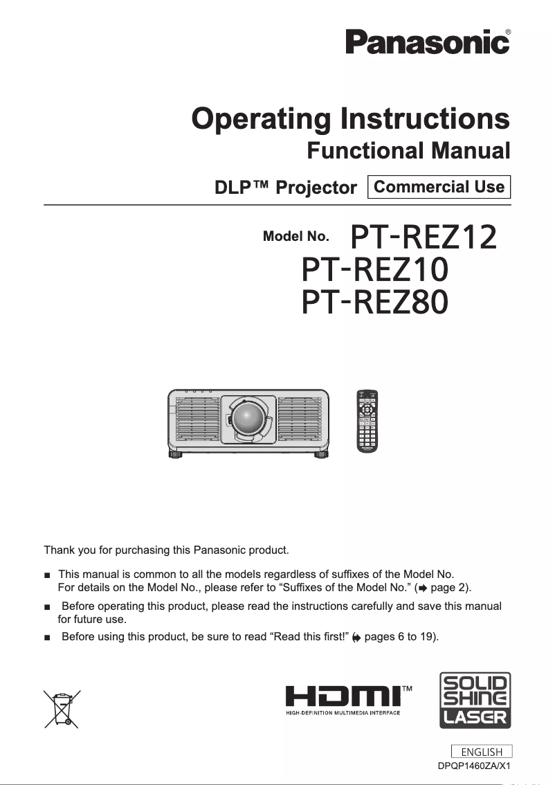 Page n°1 - Manuel utilisateur Panasonic PT-REZ12