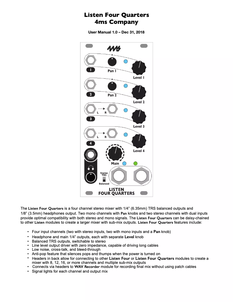 Page 1 de la notice Manuel utilisateur 4ms Listen Four Quarters