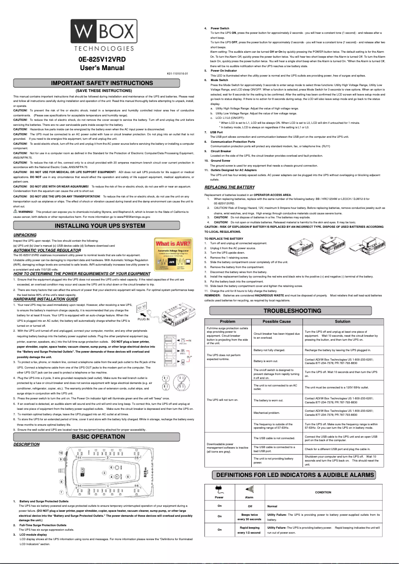 Page 1 de la notice Manuel utilisateur W Box 0E-825V12VRD