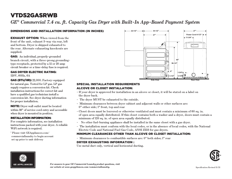 Page 1 of the manual Technical Sheet GE VTD52GASRWB