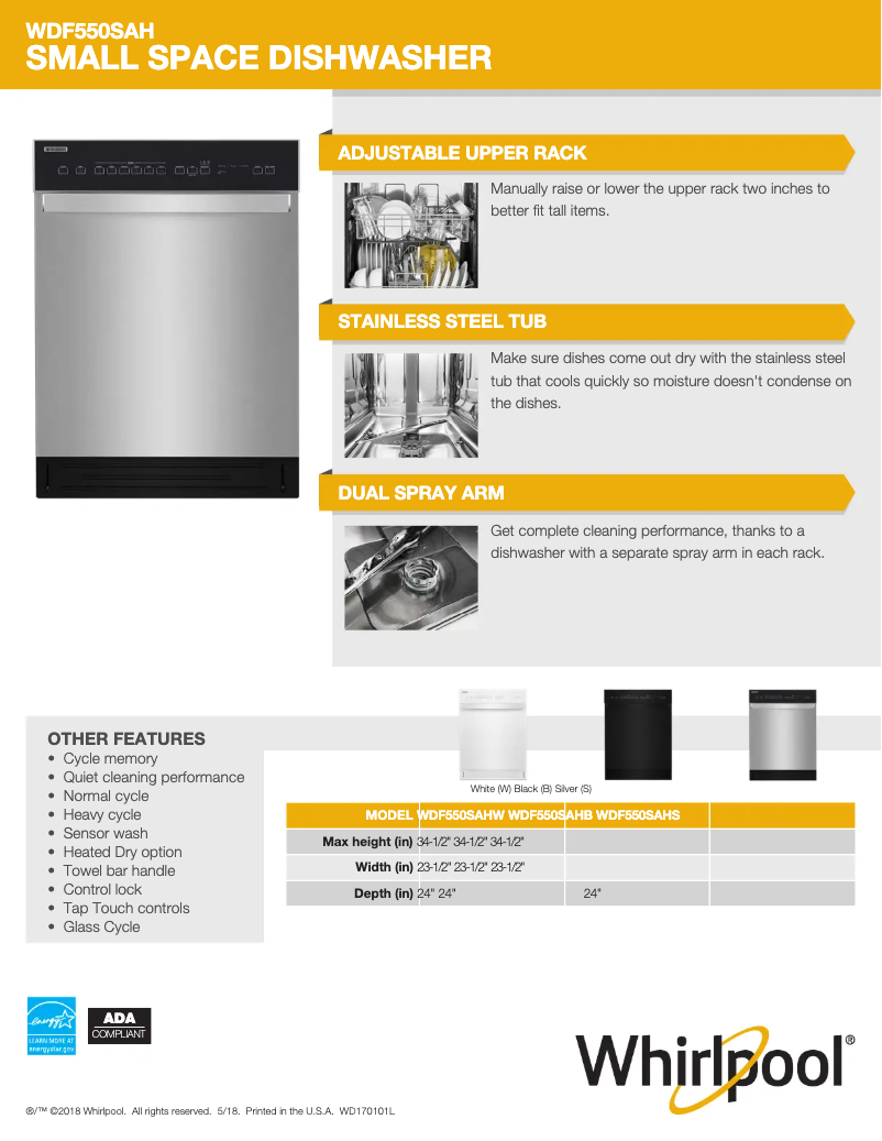Page 1 de la notice Fiche technique Whirlpool WDF550SAHB