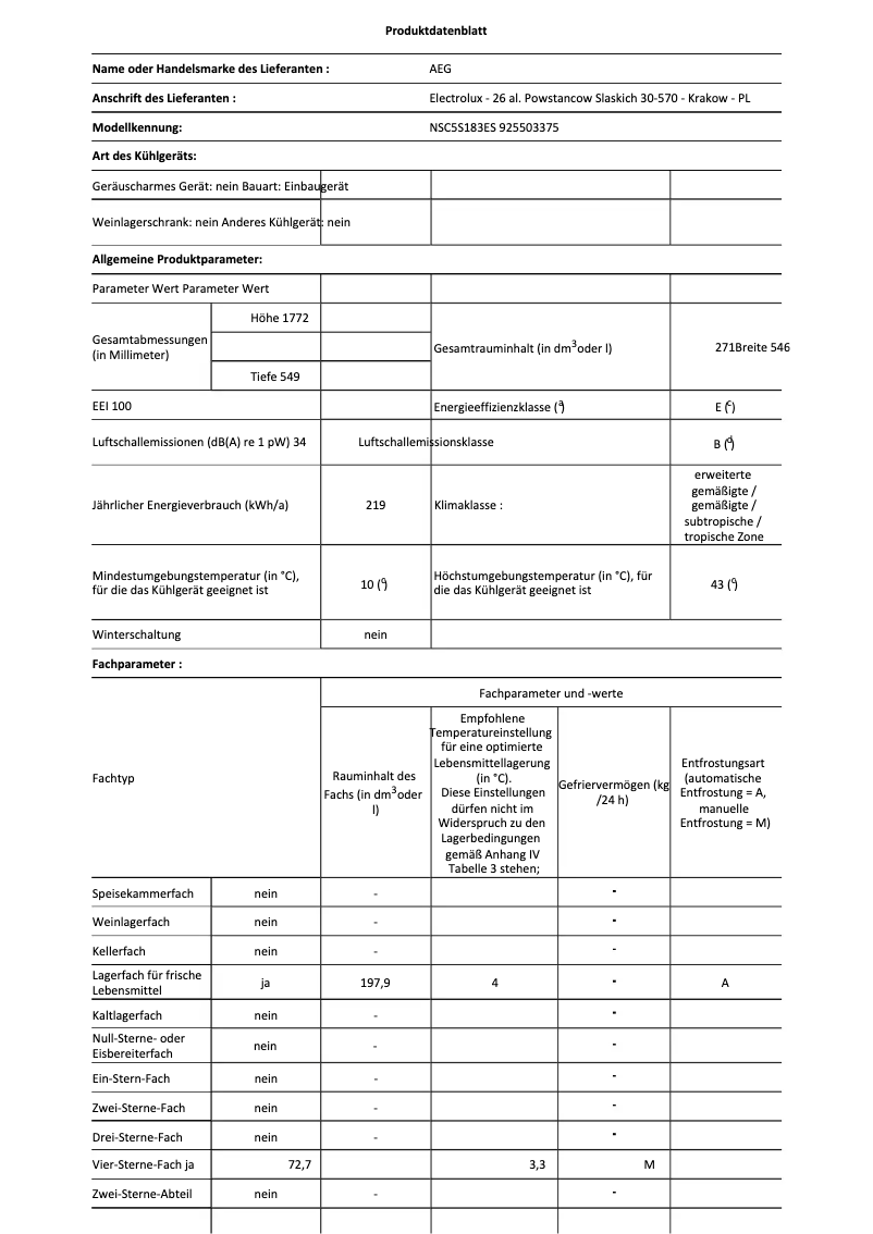 Page n°1 - Fiche technique AEG NSC5S183ES