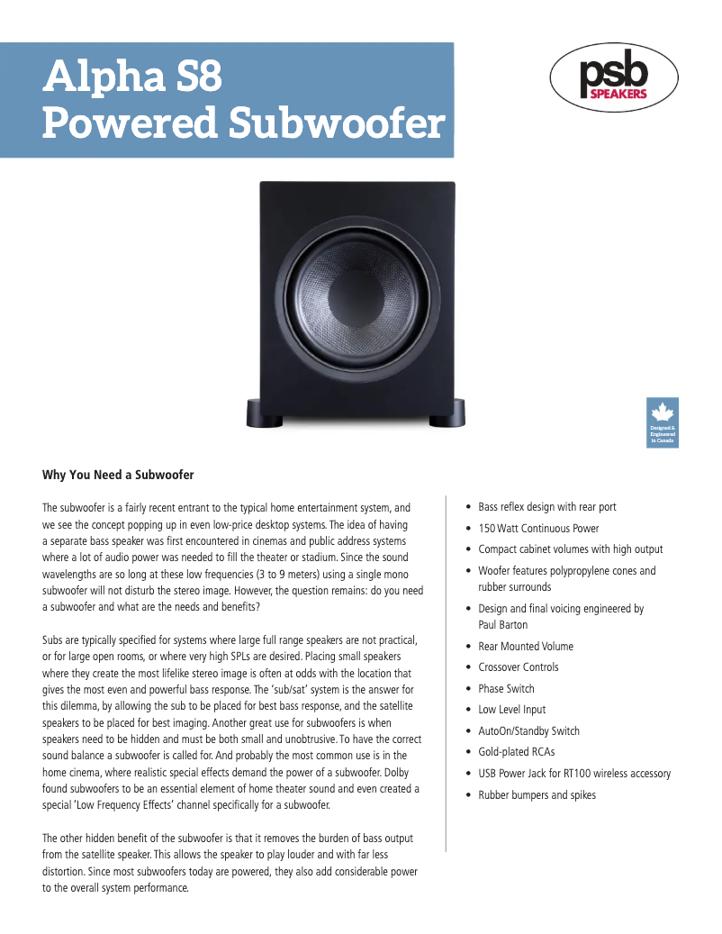 Page 1 de la notice Fiche technique PSB Alpha S8