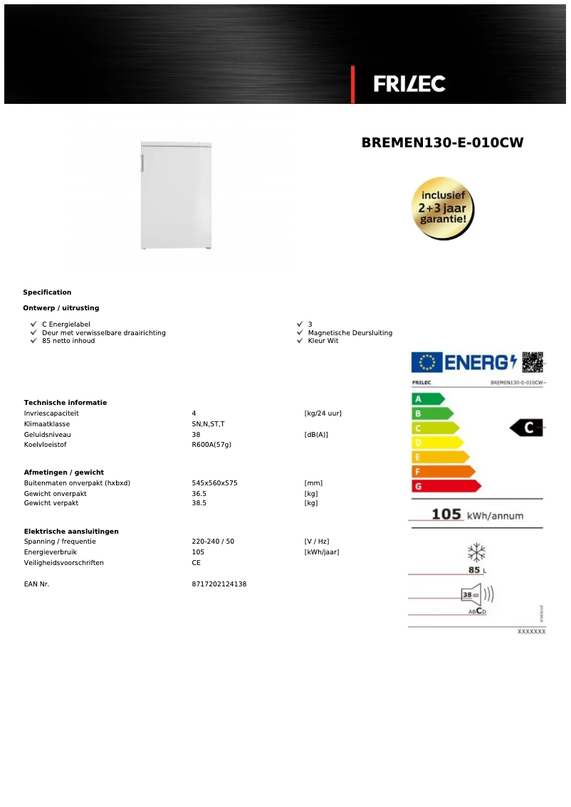 Page 1 de la notice Fiche technique Frilec BREMEN130-E-010CW