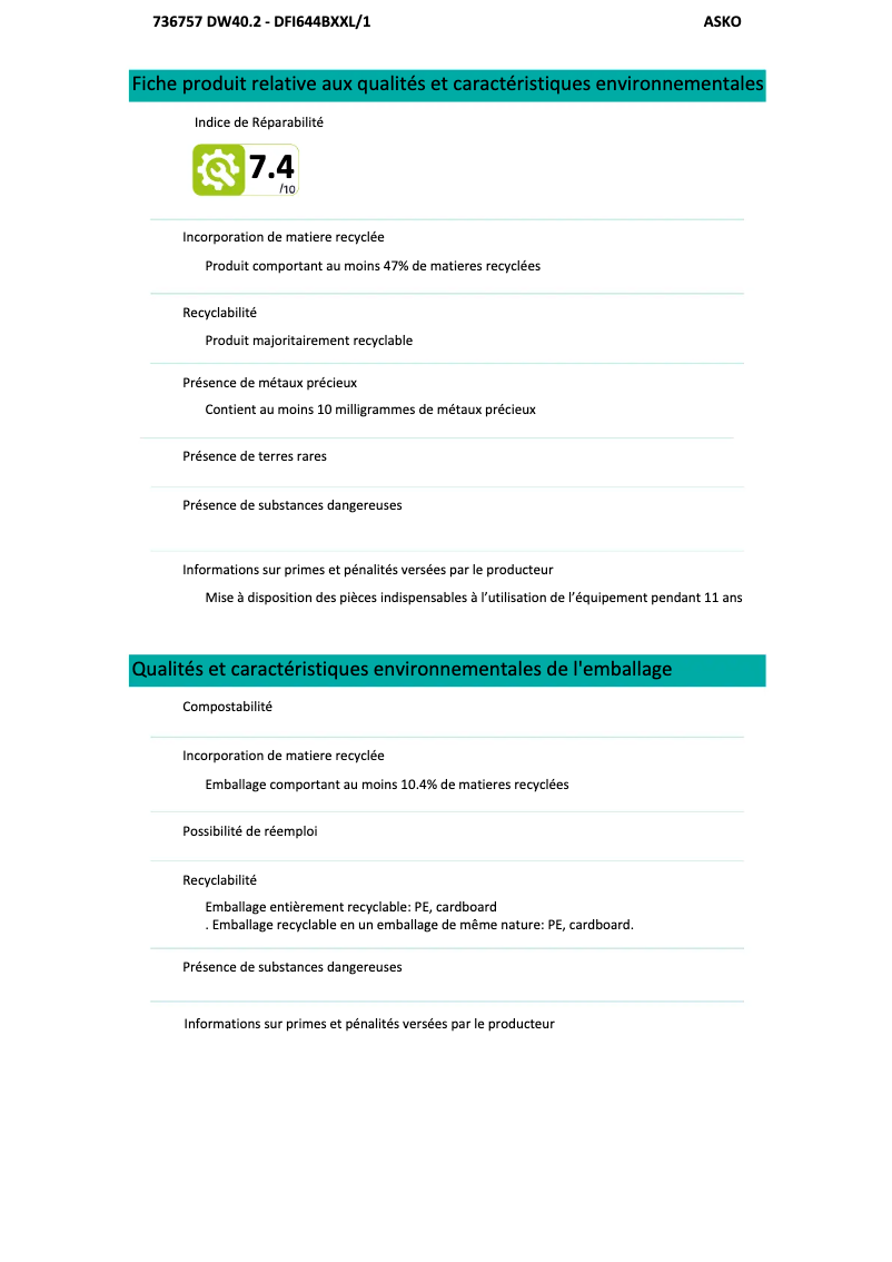 Page n°1 - Fiche technique Asko 644BXXL