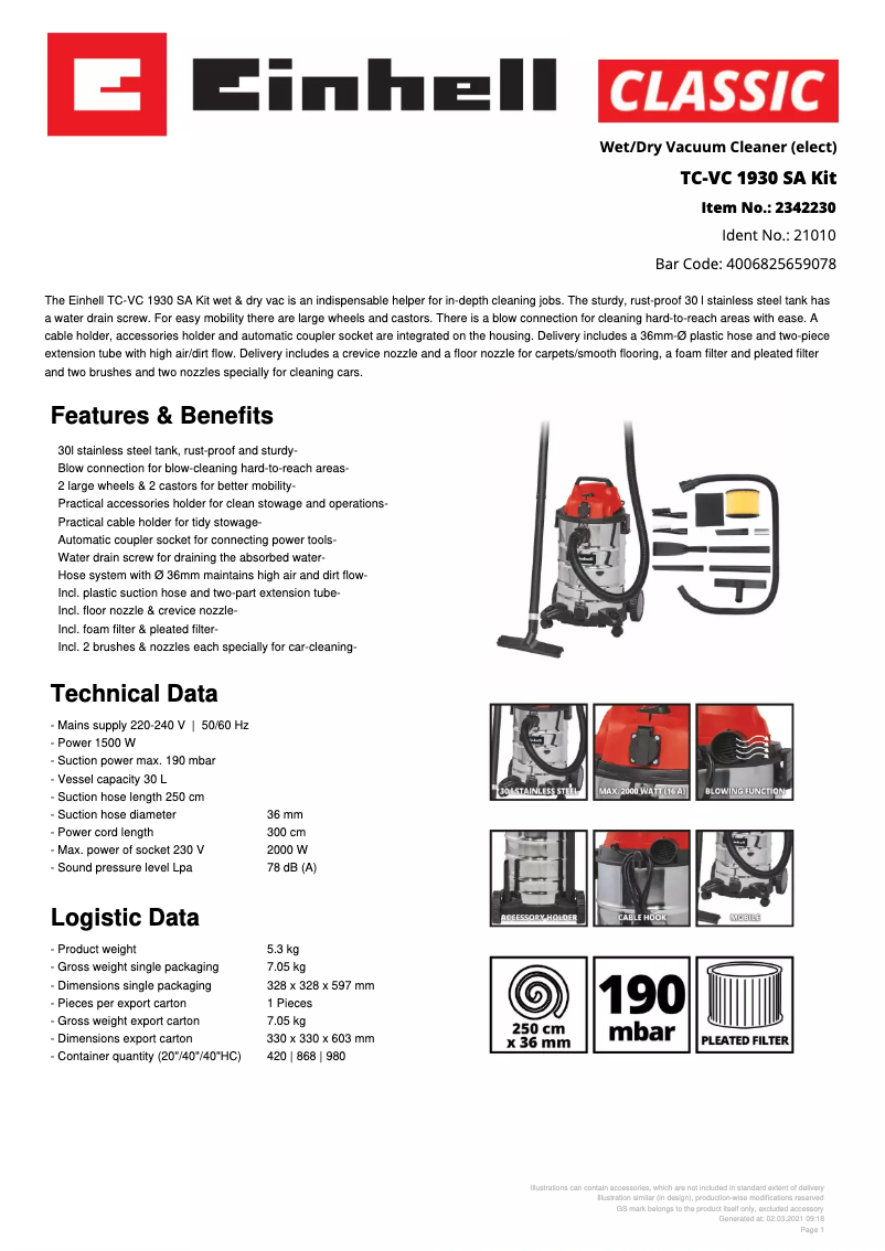 Page n°1 - Fiche technique Einhell TC-VC 1930 SA Kit